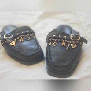 Free People Black Leather Charm Mules